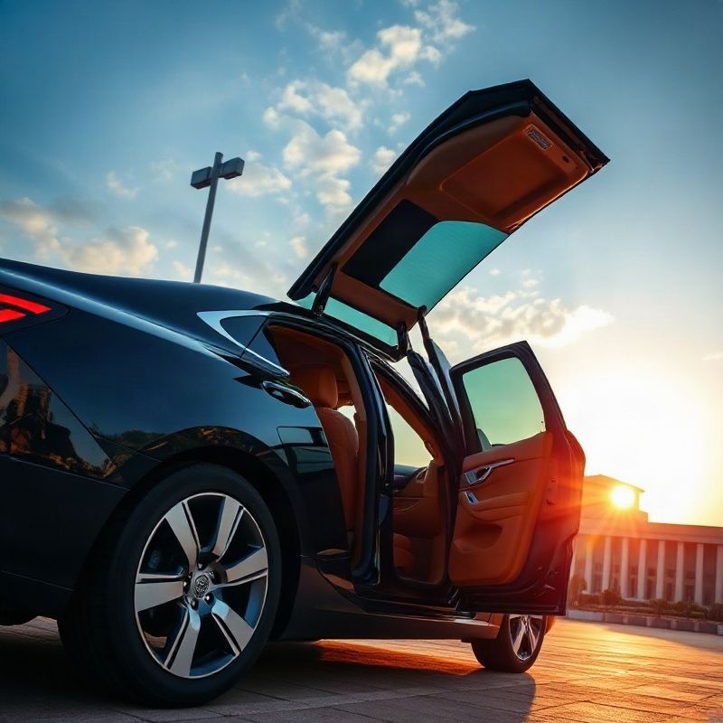 Sedã preto premium com interior em couro âmbar visível pela porta aberta, no distrito governamental de Brasília ao entardecer